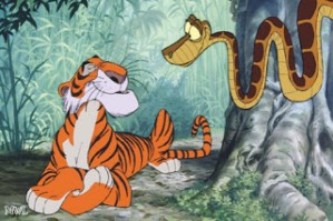 The two most devious characters of the film, Shere Khan and Kaa, share an uncomfortable (for Kaa) scene together.